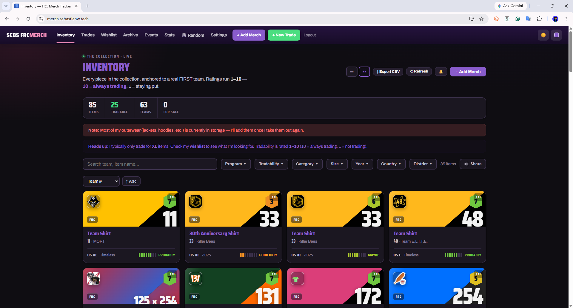 The Merch Tracker inventory grid, listing team shirts with tradability ratings