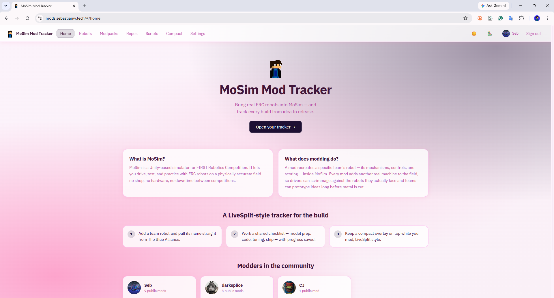 The MoSim Mod Tracker home page, explaining what MoSim is and how modding works